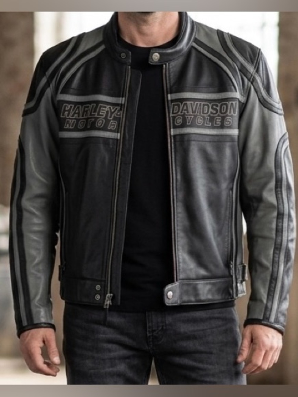 Harley Davidson Genuine Heavyweight Leather Motorcycle Jacket Black Grey XL